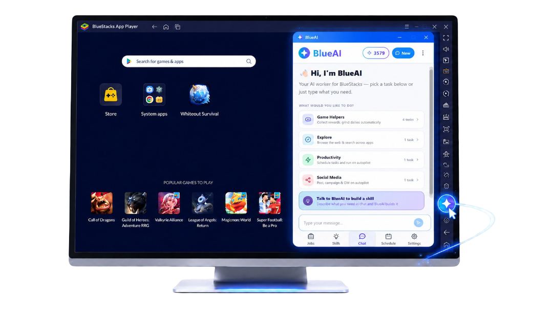 BlueAI running inside BlueStacks on a desktop PC