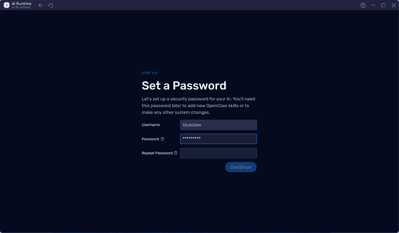 Security password setup screen