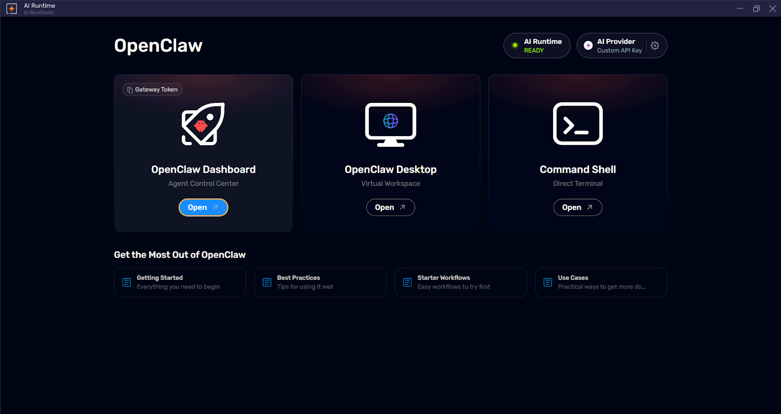 AI Runtime home screen with dashboard options