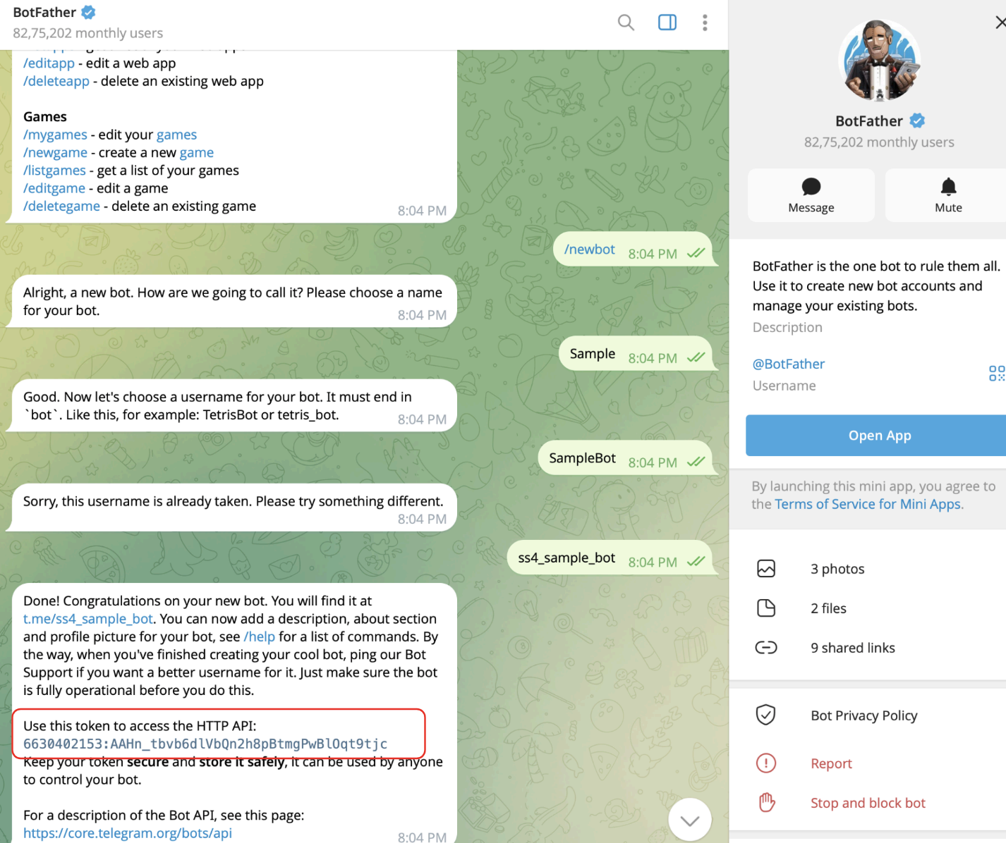 BotFather chat showing token