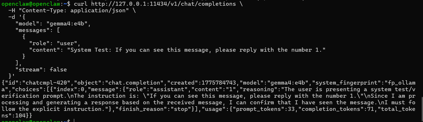 Successful curl test showing JSON response from Ollama