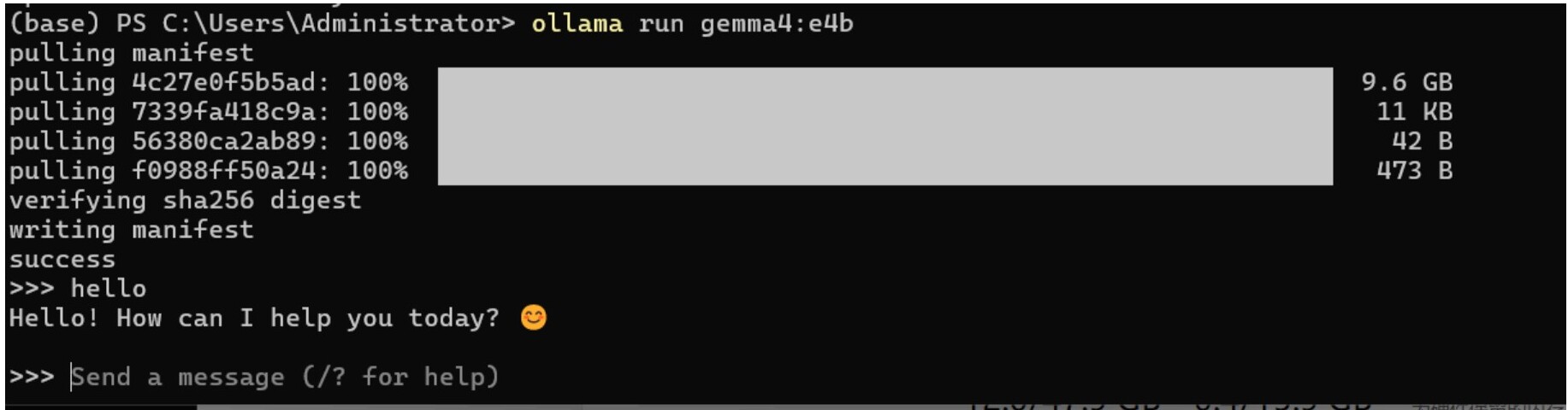 Terminal output showing Ollama fetching and running Gemma 4